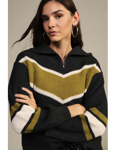 Pull à col rond côtelé avec fermeture éclair et motif en V’esprit western