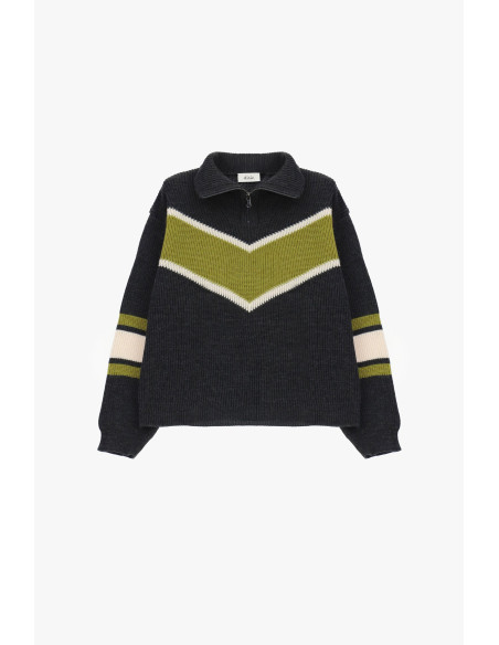 Pull à col rond côtelé avec fermeture éclair et motif en V’esprit western