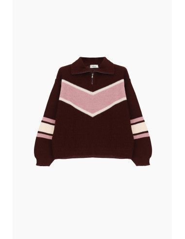 Pull à col rond côtelé avec fermeture éclair et motif en V’esprit western
