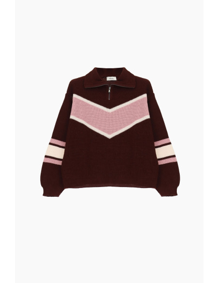 Pull à col rond côtelé avec fermeture éclair et motif en V’esprit western