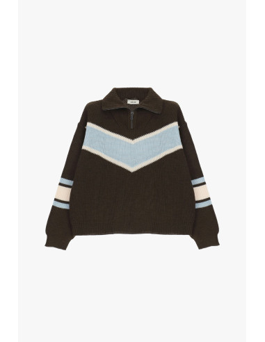 Pull à col rond côtelé avec fermeture éclair et motif en V’esprit western