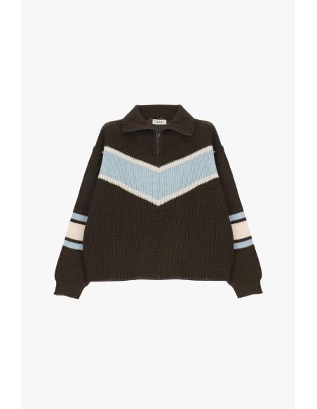 Pull à col rond côtelé avec fermeture éclair et motif en V’esprit western