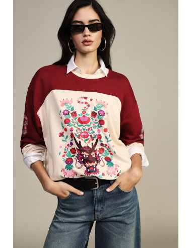 Sweat-shirt à col rond avec imprimé floral et détails graphiques Dixie
