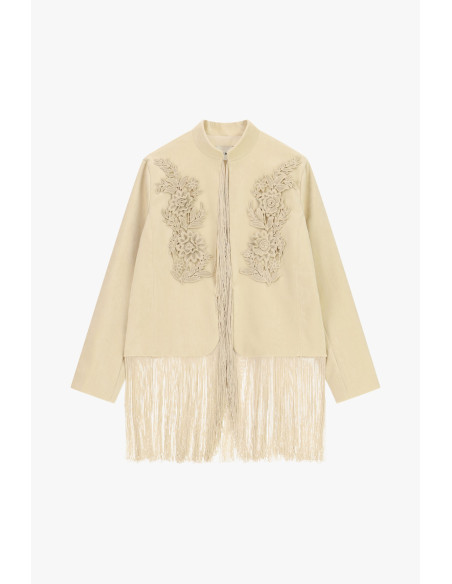 Veste en éco-fourrure avec broderie florale et franges Dixie
