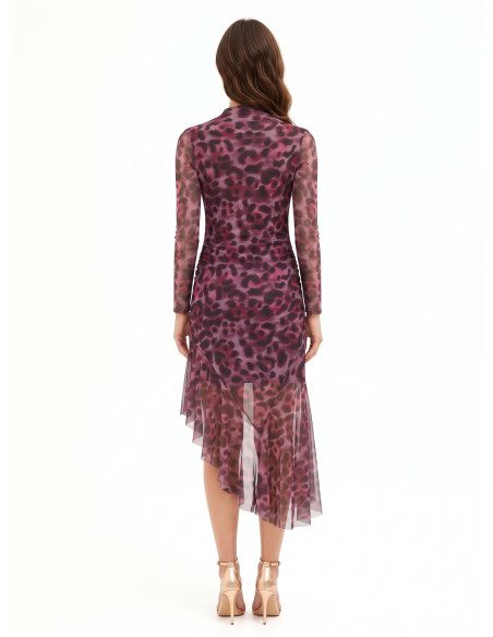 Robe midi asymétrique et drapée en résille extensible à motif léopard Rinascimento