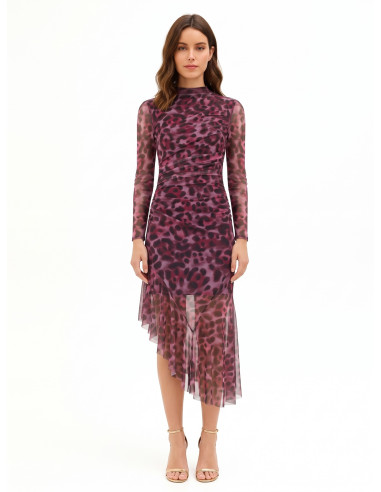 Robe midi asymétrique et drapée en résille extensible à motif léopard Rinascimento