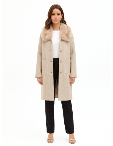 Manteau long à motif chevron avec maxi-poches et col en fausse fourrure amovible Rinascimento
