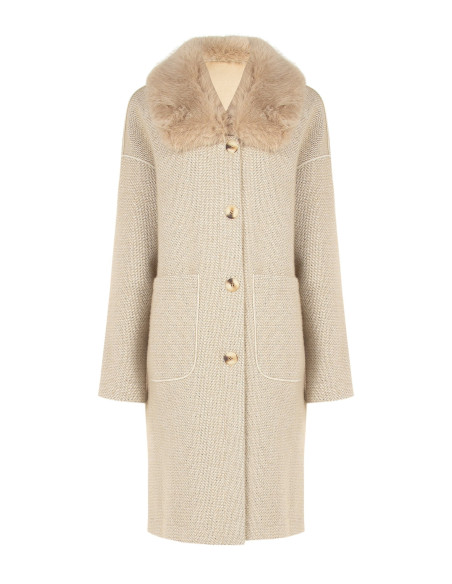 Manteau long à motif chevron avec maxi-poches et col en fausse fourrure amovible Rinascimento