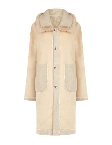 Manteau long à motif chevron avec maxi-poches et col en fausse fourrure amovible Rinascimento