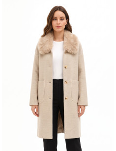 Manteau long à motif chevron avec maxi-poches et col en fausse fourrure amovible Rinascimento
