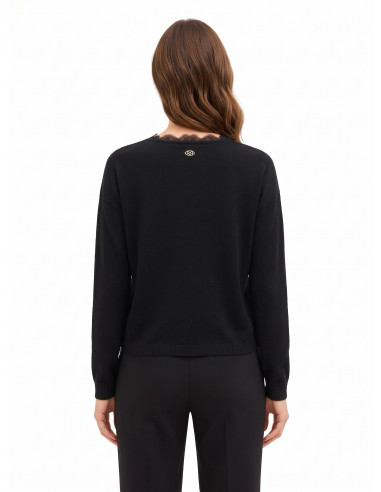 Cardigan fin oversize en laine avec col en V et détail en dentelle Rinascimento