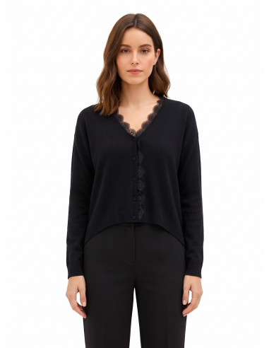 Cardigan fin oversize en laine avec col en V et détail en dentelle Rinascimento