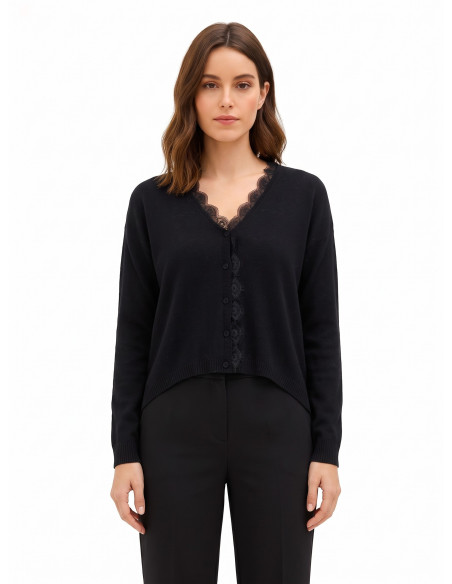 Cardigan fin oversize en laine avec col en V et détail en dentelle Rinascimento