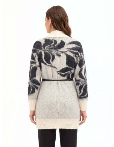 Cardigan en mélange de mohair et de lurex avec motif floral XXL et longue ceinture en similicuir Rinascimento