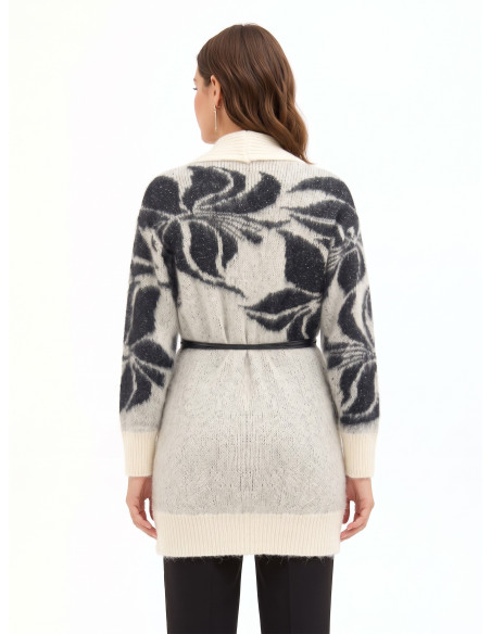 Cardigan en mélange de mohair et de lurex avec motif floral XXL et longue ceinture en similicuir Rinascimento