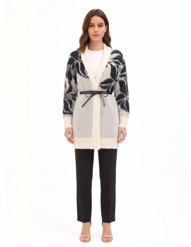 Vest-cardigan van een mix van mohair en lurex met een groot bloemenmotief en een lange riem van imitatieleer Rinascimento