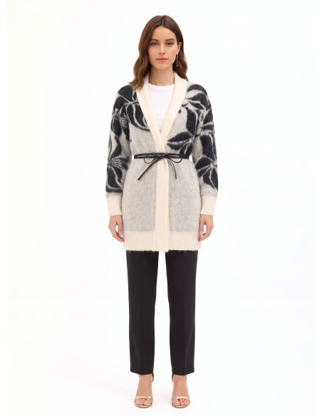 Cardigan en mélange de mohair et de lurex avec motif floral XXL et longue ceinture en similicuir Rinascimento