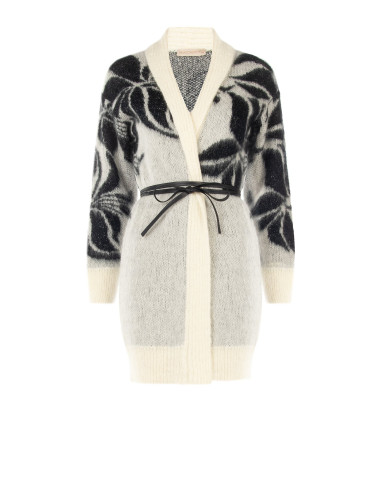 Cardigan en mélange de mohair et de lurex avec motif floral XXL et longue ceinture en similicuir Rinascimento