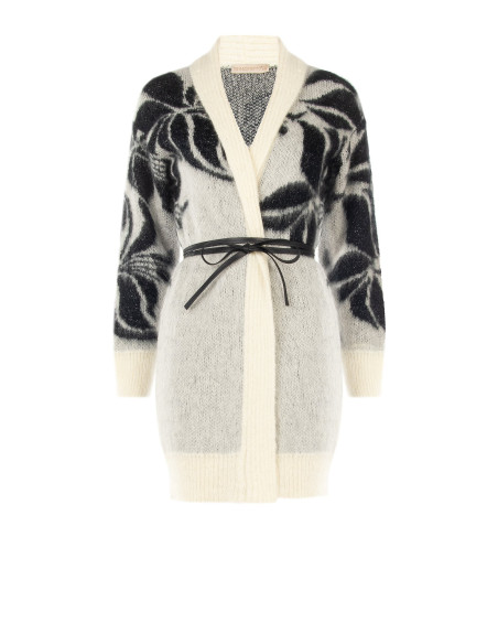 Cardigan en mélange de mohair et de lurex avec motif floral XXL et longue ceinture en similicuir Rinascimento