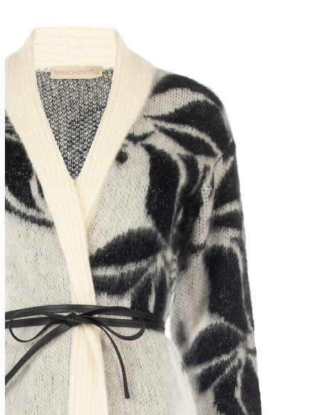 Cardigan en mélange de mohair et de lurex avec motif floral XXL et longue ceinture en similicuir Rinascimento