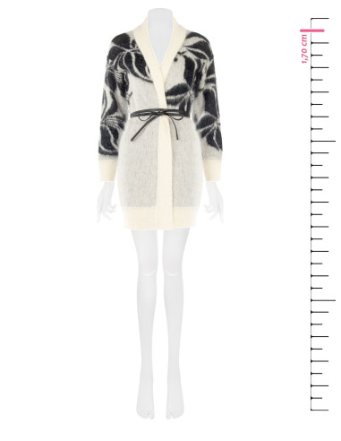 Cardigan en mélange de mohair et de lurex avec motif floral XXL et longue ceinture en similicuir Rinascimento