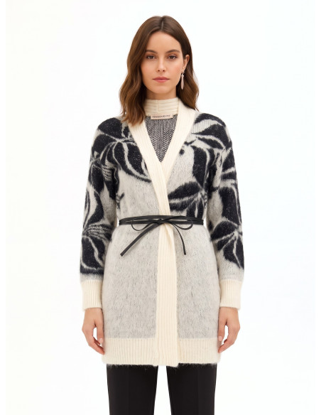 Vest-cardigan van een mix van mohair en lurex met een groot bloemenmotief en een lange riem van imitatieleer Rinascimento