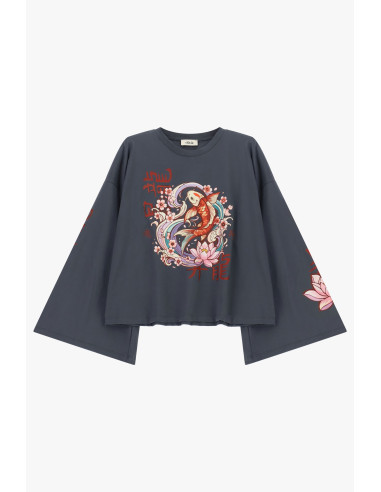 T-shirt met wijde mouwen, karper- en bloemenprint Dixie
