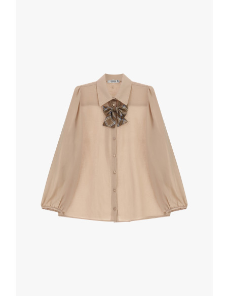 Ruime blouse met pofmouwen en Schotse ruitstrik Please