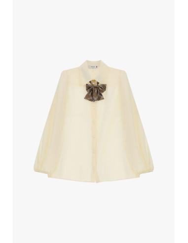 Ruime blouse met pofmouwen en Schotse ruitstrik Please