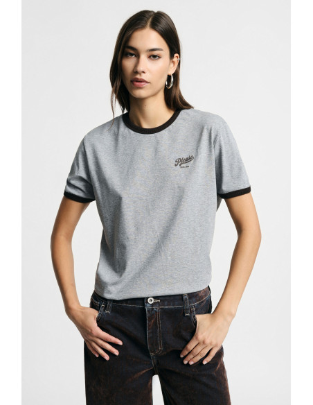 Rondehals T-shirt met contrasterende boorden Please