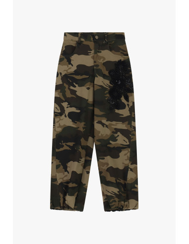 Pantalon palazzo à motif camouflage avec broderie latérale Dixie