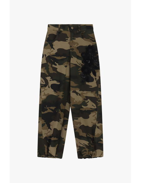 Pantalon palazzo à motif camouflage avec broderie latérale Dixie