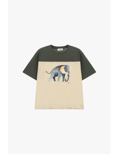 Dixie T-shirt met korte mouwen, olifantprint en contrasterende inzetstukken