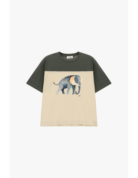 T-shirt à manches courtes avec imprimé éléphant et empiècements contrastants Dixie