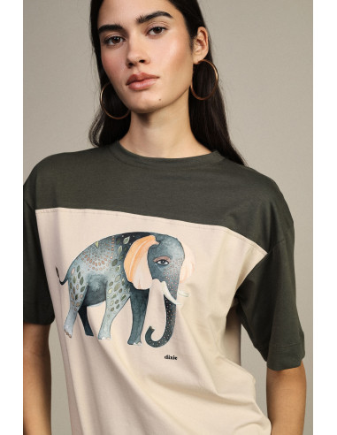 Dixie T-shirt met korte mouwen, olifantprint en contrasterende inzetstukken