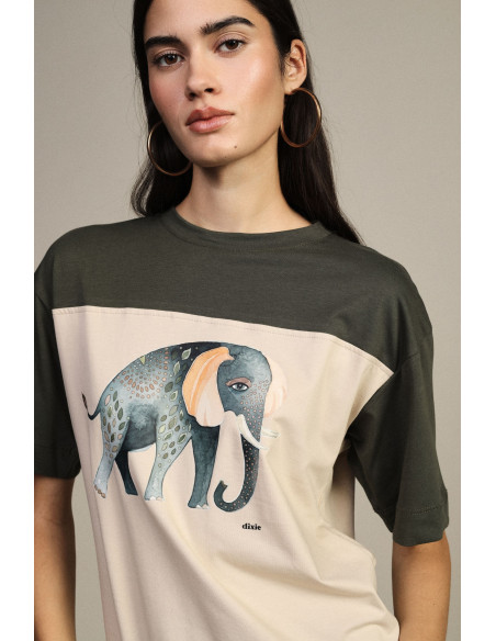 T-shirt à manches courtes avec imprimé éléphant et empiècements contrastants Dixie