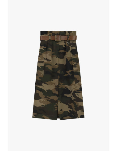 Dixie halflange rok met camouflageprint en riem