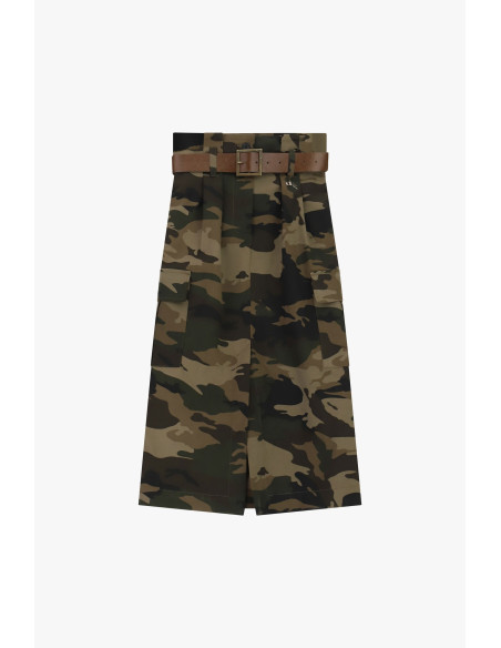 Dixie halflange rok met camouflageprint en riem