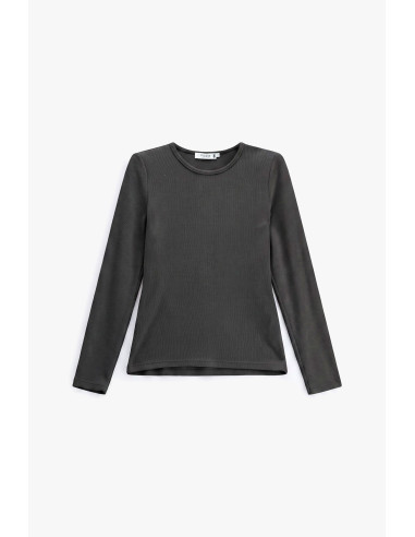 T-shirt minimaliste à manches longues et col rond plissé