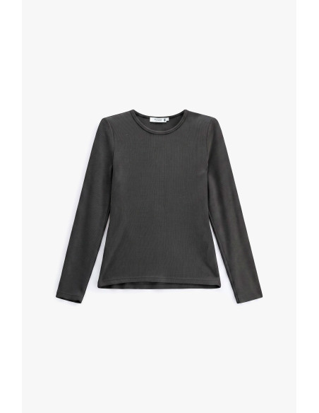 T-shirt minimaliste à manches longues et col rond plissé