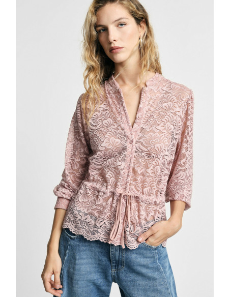 Kanten blouse met trekkoord en knopen aan de voorkant, alstublieft