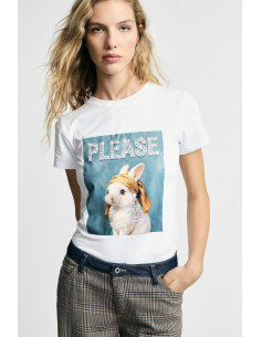 T-shirt à col rond avec imprimé lapin décoré Please