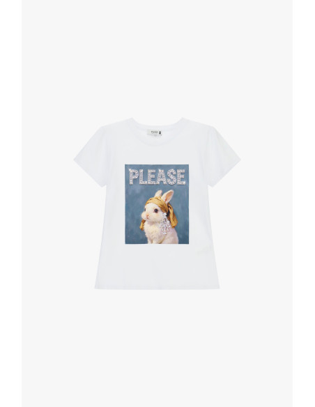 T-shirt à col rond avec imprimé lapin décoré Please