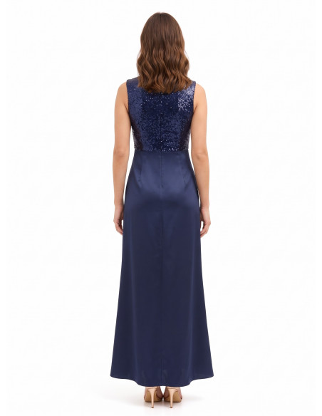 Robe longue avec bustier à paillettes et jupe en satin avec décolleté en V croisé Rinascimento