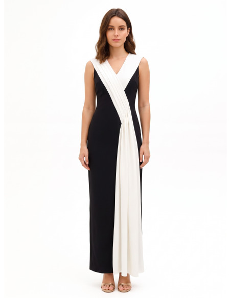 Robe longue en crêpe scuba avec empiècement plissé contrastant Rinascimento