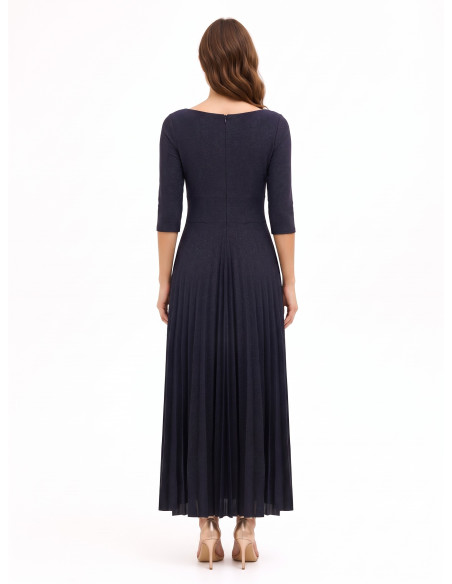 Robe longue évasée plissée en lurex à effet pailleté avec manches 3/4 Rinascimento
