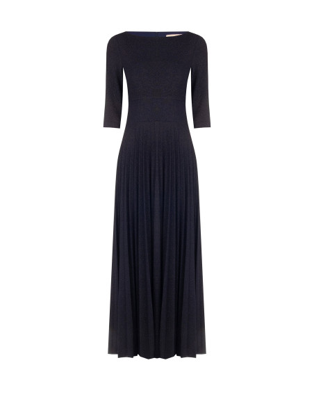 Robe longue évasée plissée en lurex à effet pailleté avec manches 3/4 Rinascimento