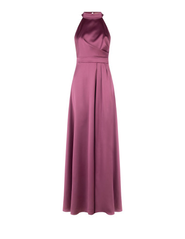 Robe longue en satin structuré à col montant, froncée sur un côté Rinascimento