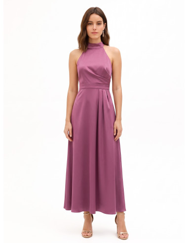 Robe longue en satin structuré à col montant, froncée sur un côté Rinascimento