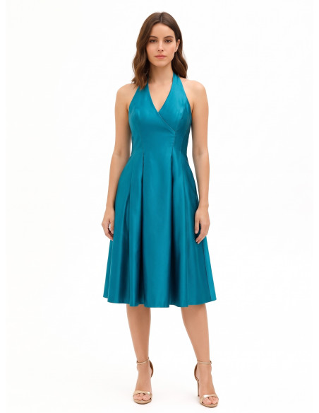 Robe midi en satin duchesse structuré avec poches et décolleté en V croisé Rinascimento